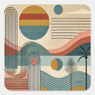 Mid Century Modern Art Beach Sunrise Vierkante Sticker