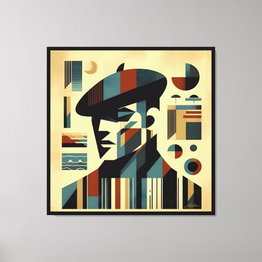 Mid Century Modern Art Man met een baret Canvas Afdruk (Voorkant)
