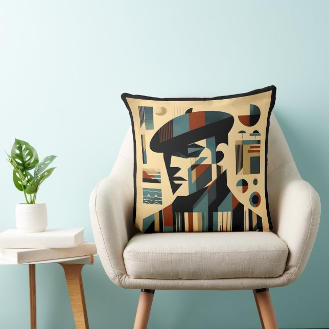 Mid Century Modern Art Man met een baret Kussen (Stoel)