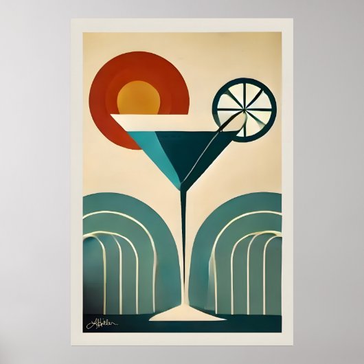 Mid Century Modern Art Mountain Sunrise Martini Poster (Voorkant)