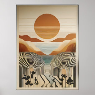 Mid Century Modern Art Spring Valley Lake Sunset Poster