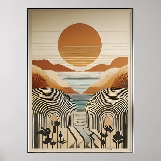 Mid Century Modern Art Spring Valley Lake Sunset Poster (Voorkant)