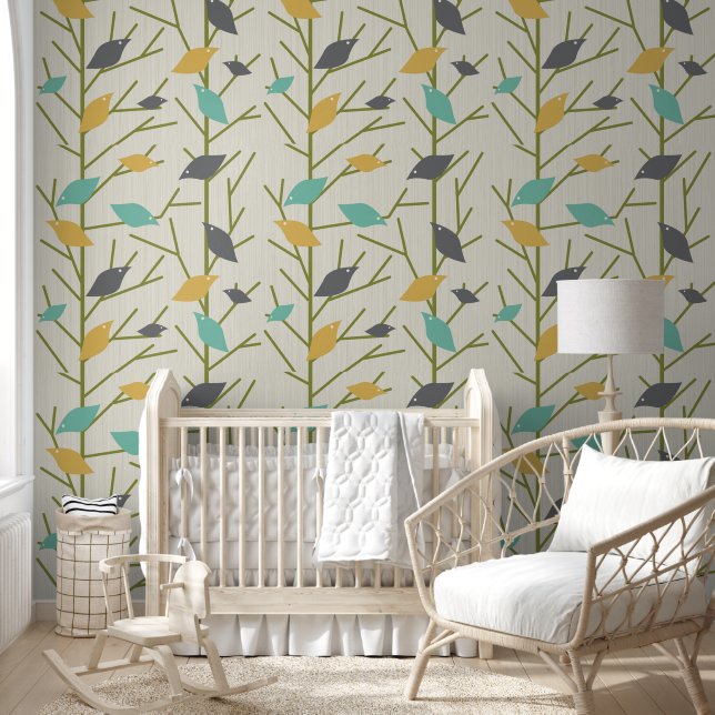 Mid century modern Birdsong Behang (Kinderen)
