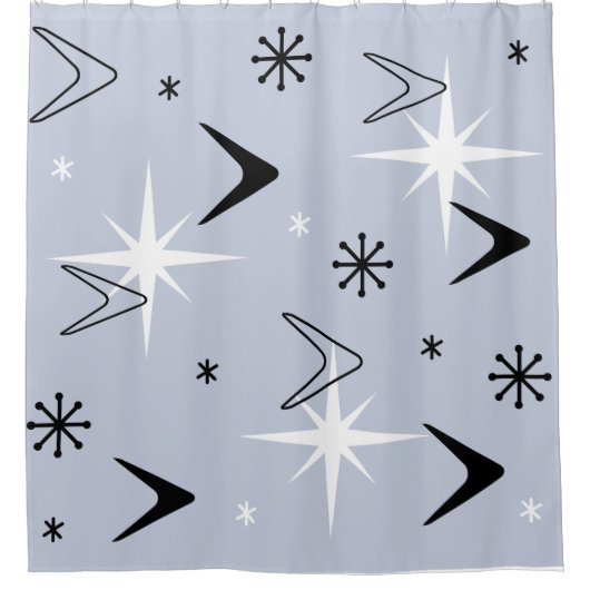 Mid Century Modern Boomerangs Silver Blue Douchegordijn (Voorkant)