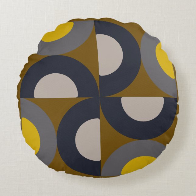 Mid-Century Modern Bronze Mustard Thunder Rond Kussen (Voorkant)