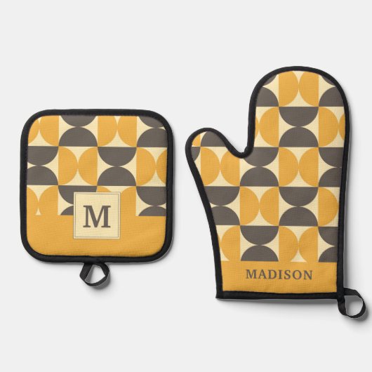 Mid-Century Modern Brown & Gold Pattern Ovenwant & Pannenlap Set (Voorkant)