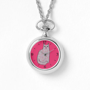 Mid-Century Modern Cat, Grey and Fuchsia Pink Horloge