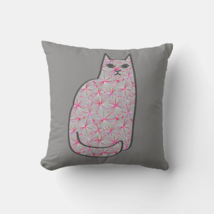 Mid-Century Modern Cat, Grijs / Grijs en Roze Kussen