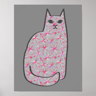 Mid-Century Modern Cat, Grijs / Grijs en Roze Poster