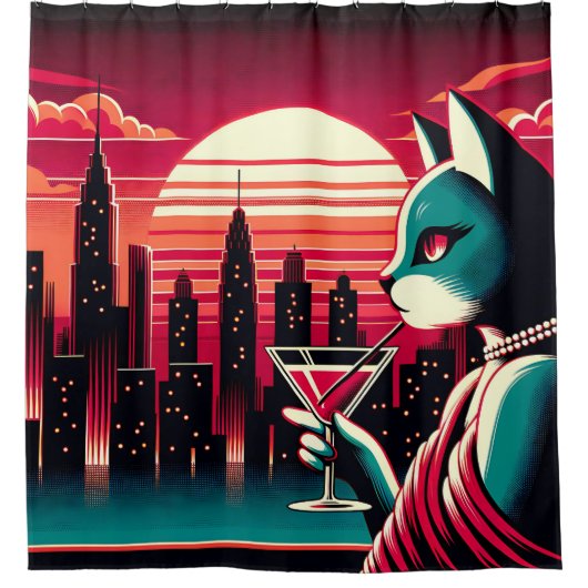 Mid-Century Modern Cat met  zonsondergang Douchegordijn (Voorkant)