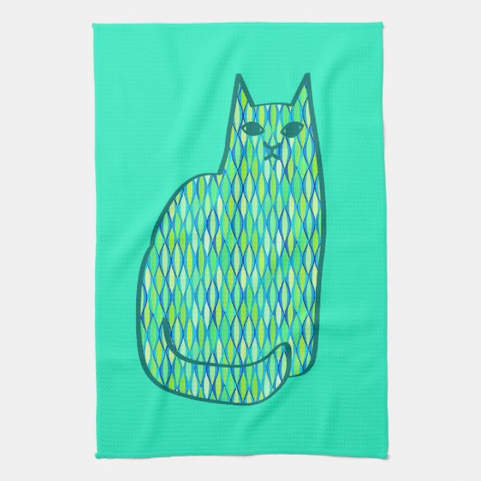 Mid-Century Modern Cat, Mint en Lime Green Theedoek (Verticaal)