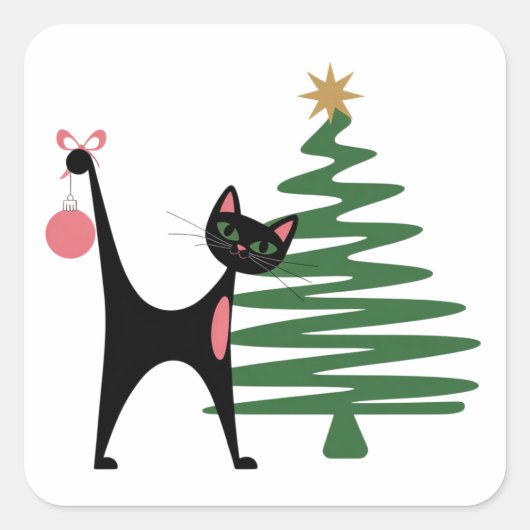 Mid-century Modern Christmas 1950's Atomic Cat Vierkante Sticker (Voorkant)