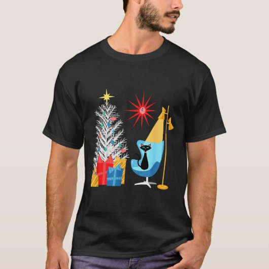 Mid-century Modern Christmas Tree And Cat In Retro T-shirt (Voorkant)