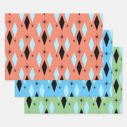 Mid Century Modern Diamonds begint drie kleuren Inpakpapier Vel (Set)