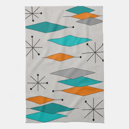 Mid-Century Modern Diamonds Blauwgroen en Oranje Theedoek (Verticaal)