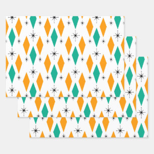 Mid Century Modern Diamonds Starburst Blauwgroen S Inpakpapier Vel