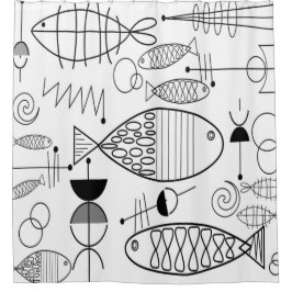 Mid-Century Modern Fish Art Black White Douchegordijn