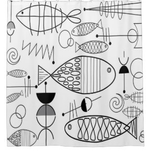 Mid-Century Modern Fish Art Black White Douchegordijn