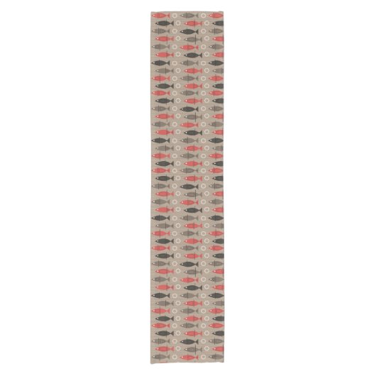 Mid Century Modern Fish Pattern Tan Korte Tafelloper (Voorkant)