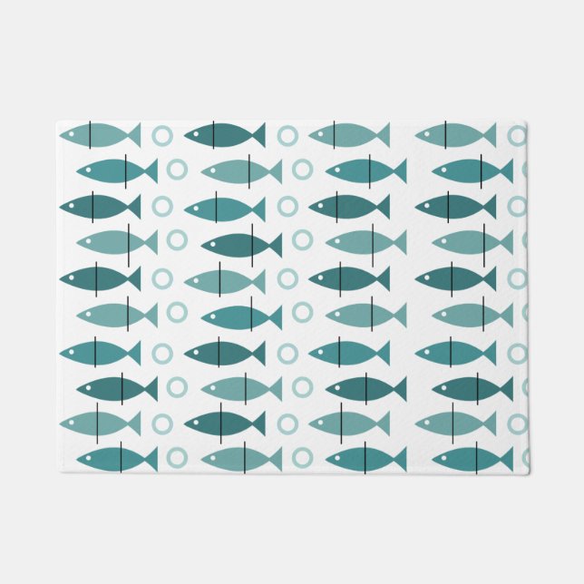 Mid Century Modern Fish Pattern Turquoise Deurmat (Voorkant)