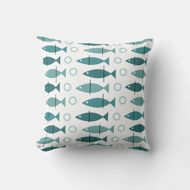 Mid Century Modern Fish Pattern Turquoise Kussen (Voorkant)