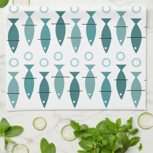 Mid Century Modern Fish Pattern Turquoise Theedoek (Gevouwen)