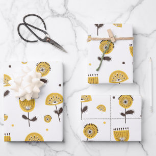 Mid Century Modern Geel Bloempatroon Inpakpapier Vel