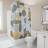 Mid Century Modern Geometric Blue Gold Douchegordijn (In situ)