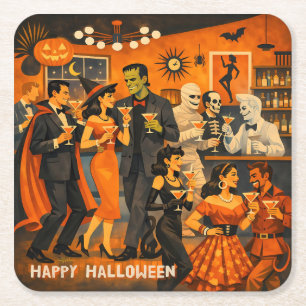 Mid Century Modern Halloween Martini Feest Vierkante Kartonnen Onderzetter