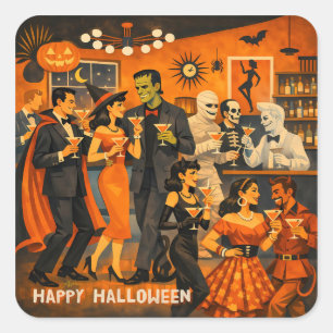 Mid Century Modern Halloween Martini Feest Vierkante Sticker