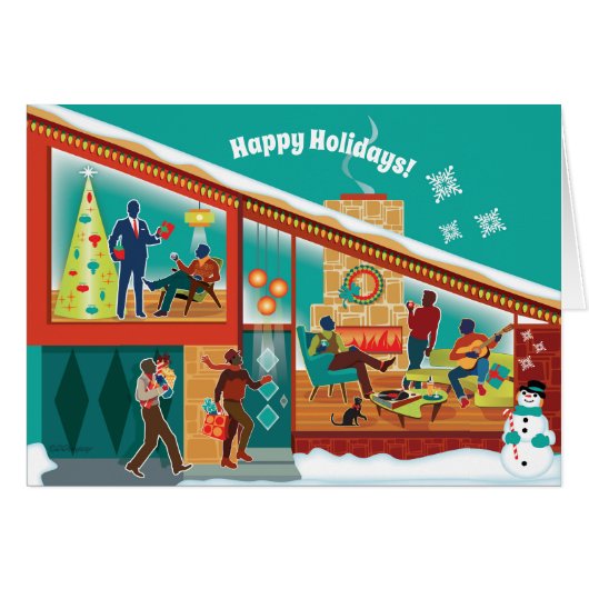 Mid Century Modern Huis Kerst Kaart - Gay Mannen (Voorkant Horizontaal)