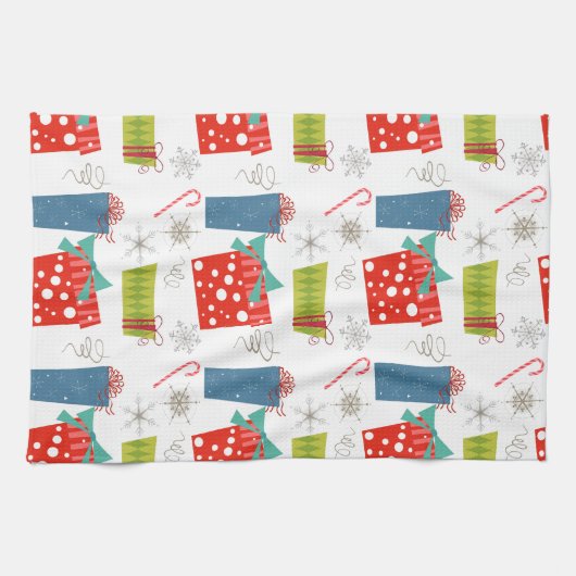 Mid Century Modern Kerstmis, aanwezig en snoepriet Theedoek (Horizontaal)