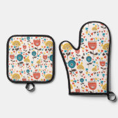 Mid Century Modern kleurrijk bloemmotief Ovenwant & Pannenlap Set (Voorkant)