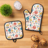 Mid Century Modern kleurrijk bloemmotief Ovenwant & Pannenlap Set (Top down)