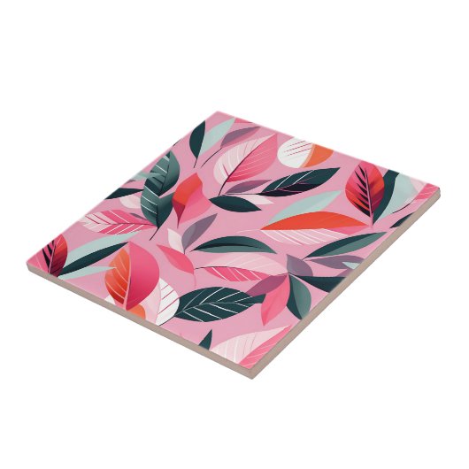 Mid Century Modern Leaf Pattern in Bold Pink Tegeltje (Zijkant)