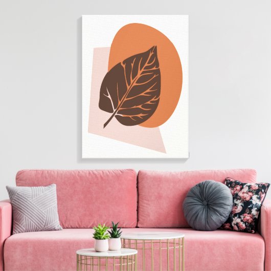 Mid-Century Modern Leaf Silhouette Brown en Beige Canvas Afdruk (Insitu (Woonkamer))