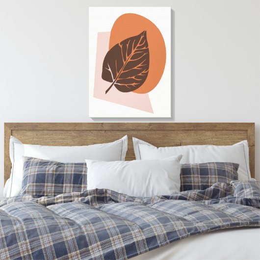 Mid-Century Modern Leaf Silhouette Brown en Beige Canvas Afdruk (Insitu (Slaapkamer))