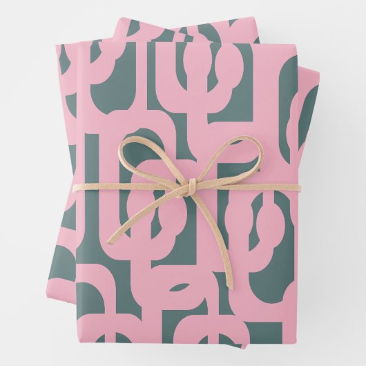 Mid Century Modern Loop Patroon Roze en Groen Inpakpapier Vel (In situ)