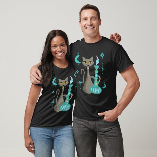 Mid-Century Modern Mischievous Cat with Genie Lamp T-shirt (Unisex)