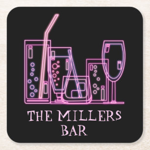 Mid Century Modern Neon Cocktailbar Naam Vierkante Kartonnen Onderzetter