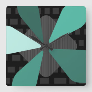 Mid Century Modern ‘Petals’ Art Black Turquoise Vierkante Klok