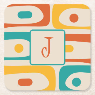 Mid Century Modern Piquet Abstract Pattern Initiaa Vierkante Kartonnen Onderzetter