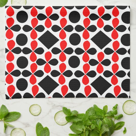 Mid Century Modern Red Black Geometric Pattern Theedoek (Gevouwen)