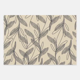 Mid Century Modern Retro Botanical Grey Beige Inpakpapier Vel