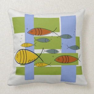 Mid Century Modern Retro Fish die zwemmen op grijs Kussen