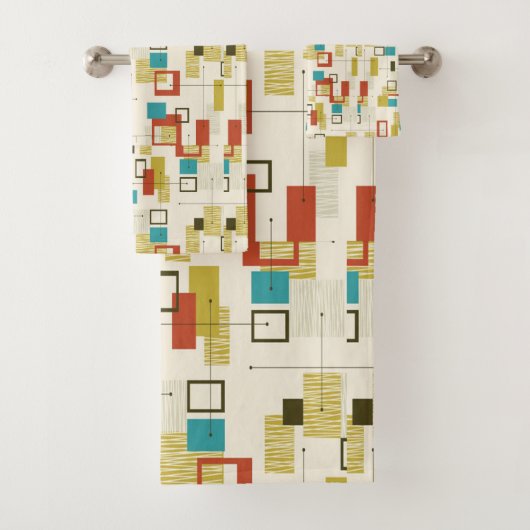 Mid Century Modern, Retro, Geometrisch, Turquoise, Bad Handdoek (Insitu)