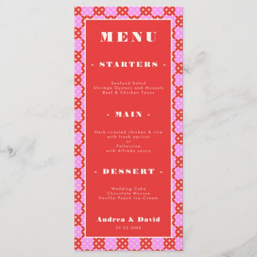 Mid Century Modern Retro Rood en Roze Band Weddens Menu (Voorkant)
