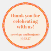 Mid Century Modern Sinaasappel aangepaste bruiloft Ronde Sticker (Voorkant)