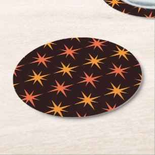 Mid Century Modern Sinaasappel en Amber Starbursts Ronde Kartonnen Onderzetter