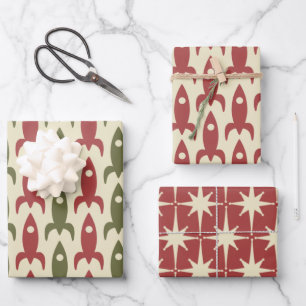 Mid Century Modern Space Age Retro 50s Kerstmis Inpakpapier Vel